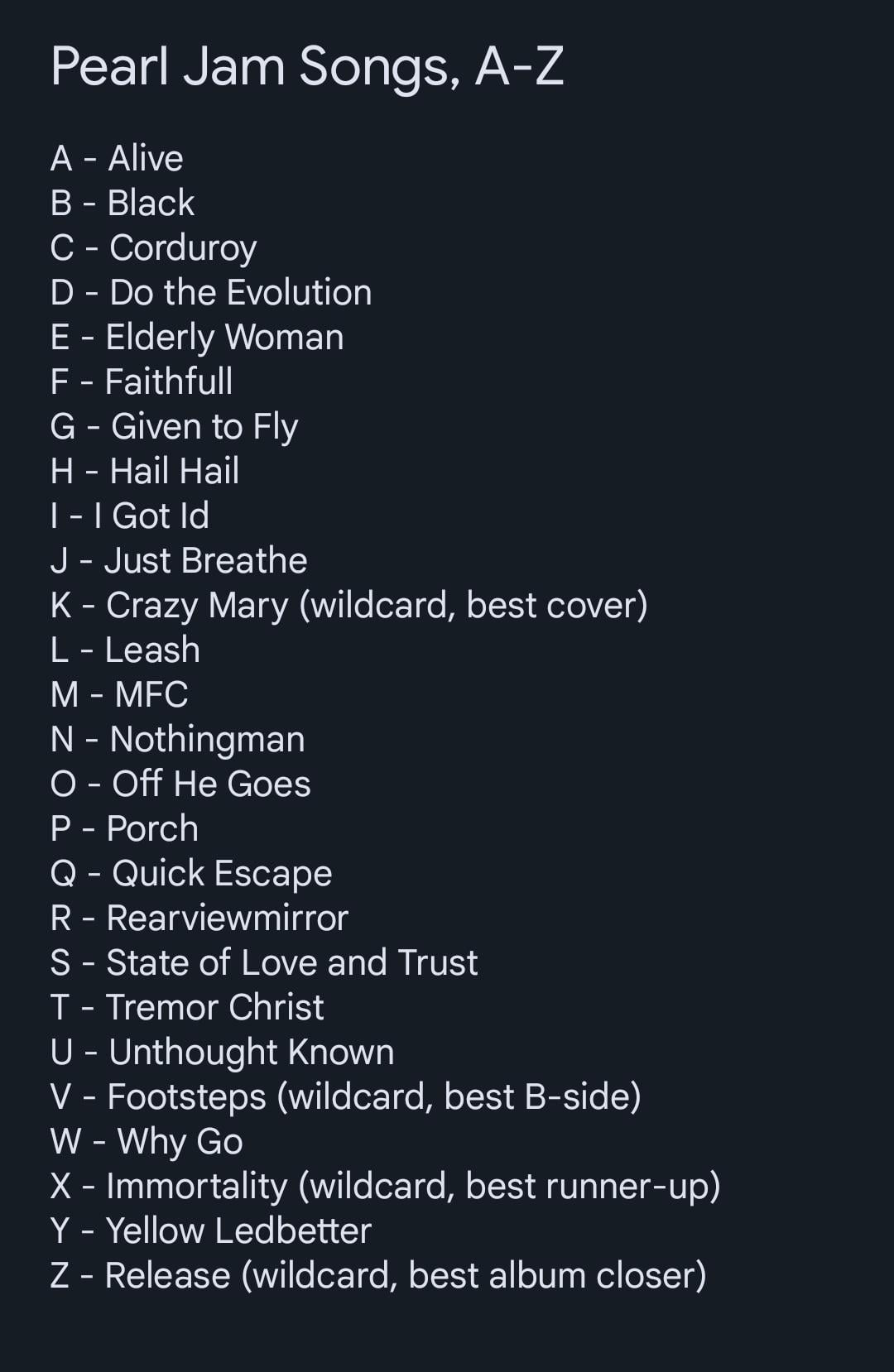 pearl jam songs